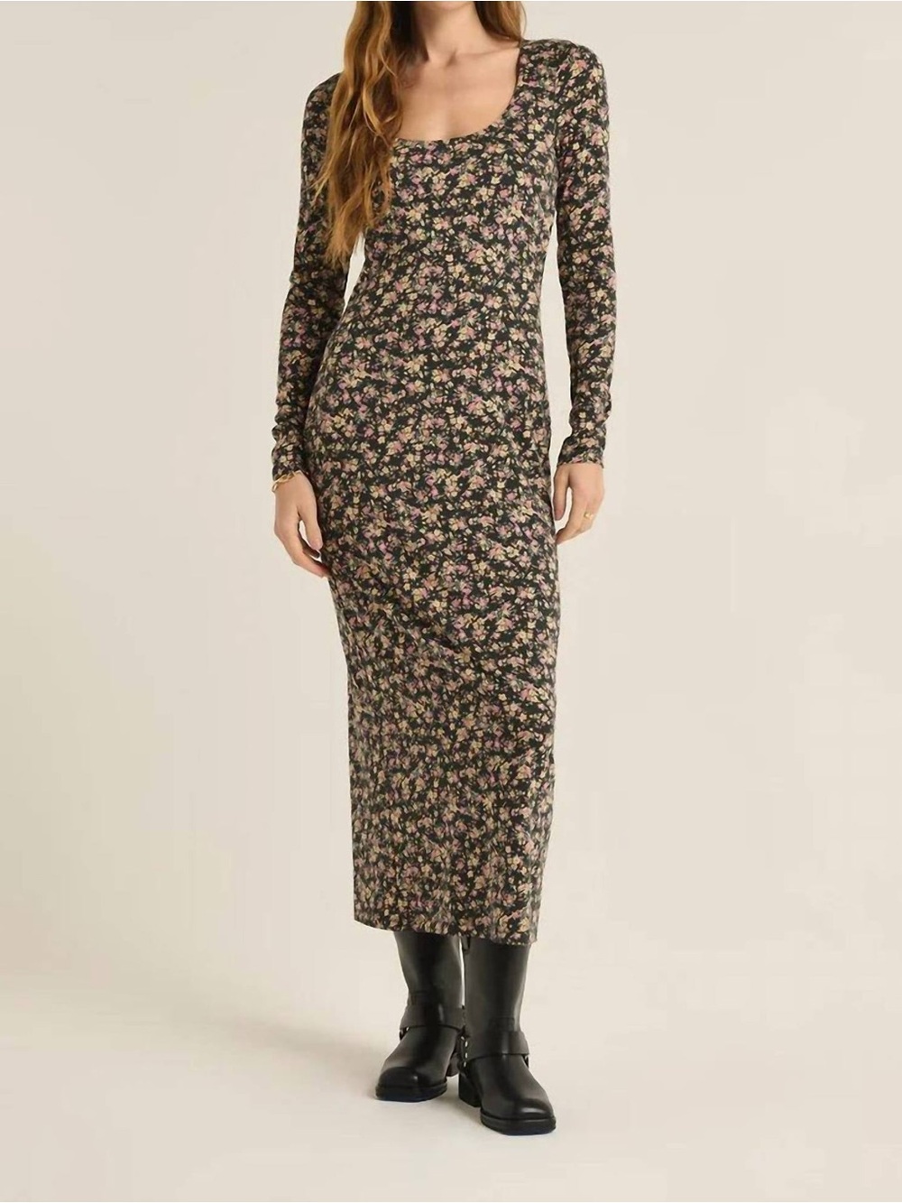Z Supply Colette Ditsy Floral Long Sleeve Scoop Neck Jersey Maxi Dress Medium